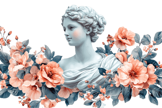 Elegant woman bust surrounded by floral arrangement png