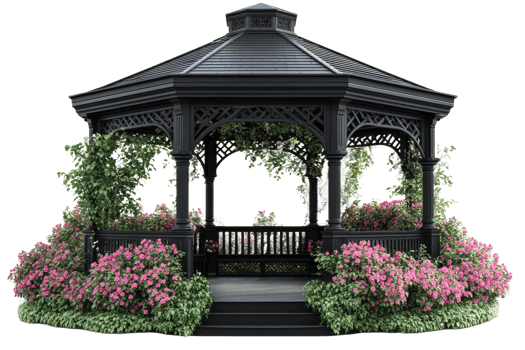 Elegant black gazebo surrounded by vibrant flowers png