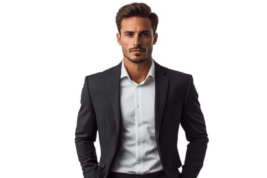 Man in suit stands confidently on clear background png