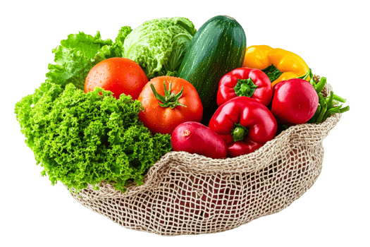 Fresh produce in a vibrant vegetable basket png