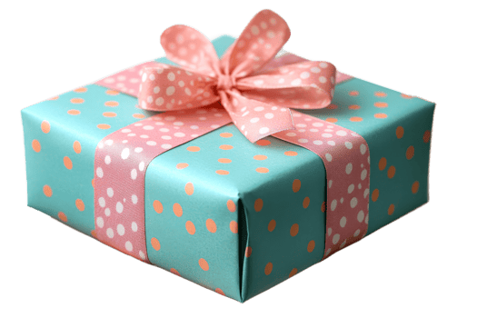 Colorful gift box with polka dots and ribbon design png