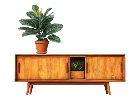 Modern wooden furniture with plant on top in bright room png