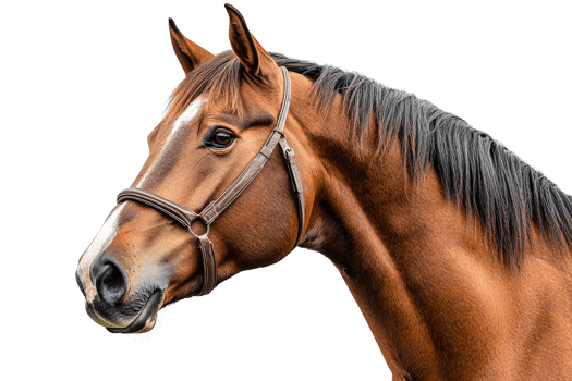Brown horse with harness against transparent background png