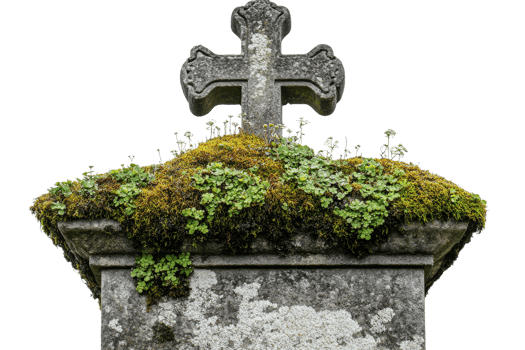 Moss covered stone cross on a grave marker png