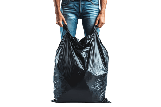 Holding a large black garbage bag for disposal png