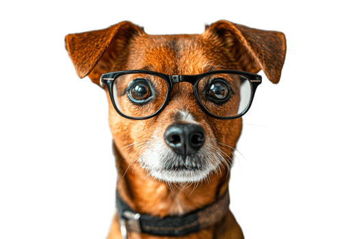 Dog wearing glasses with a curious expression png