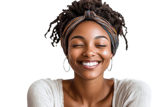 Curly haired woman with headwrap on white background png