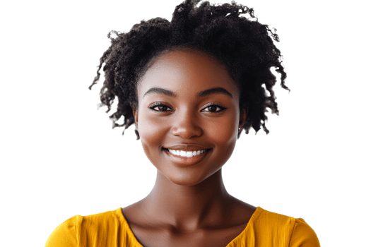 Bright smile from young woman with curly hair png