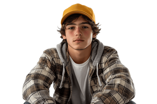 Young man in casual attire with hat posing confidently png