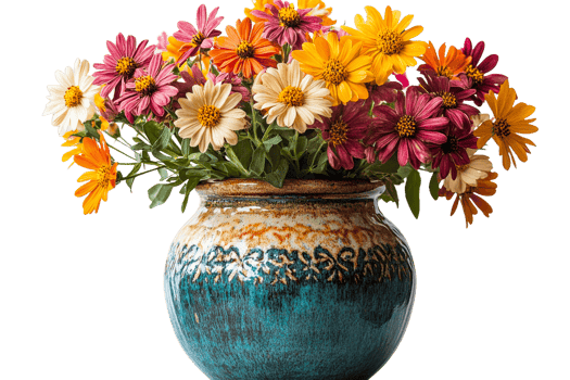 Colorful vase filled with vibrant flowers on display png
