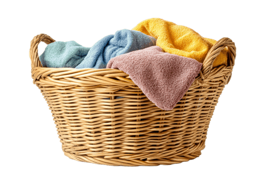 Laundry basket filled with colorful towels png