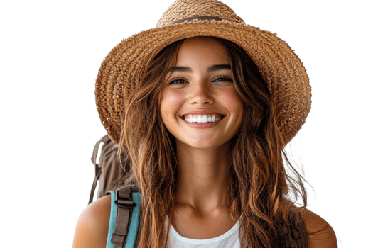 Smiling traveler with straw hat ready for adventure png