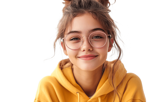 A young girl with glasses smiles warmly png