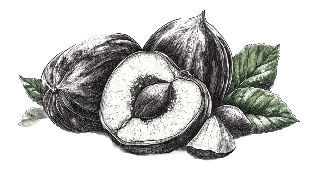 Delicious nuts and fruits with shell and leaves displayed png