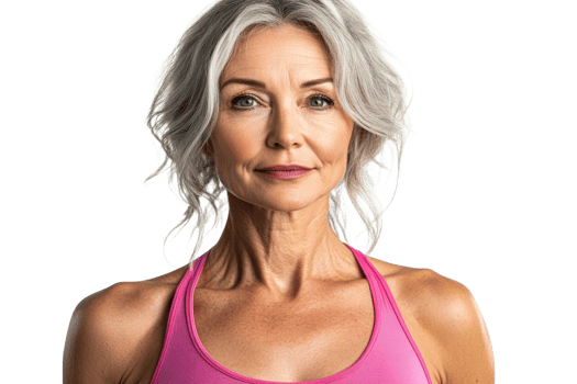 A mature woman stands confidently, wearing a pink tank top png