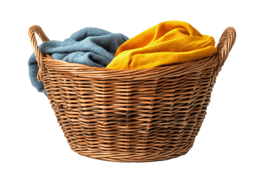 Woven basket filled with colorful towels at home png