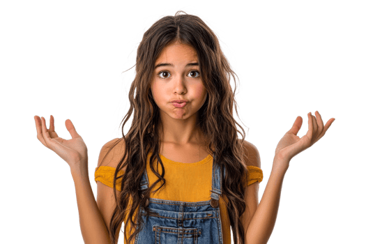 Girl expressing confusion with a playful shrug in 2023 png