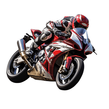 Speeding motorcycle racer leaning sharply in a dynamic action pose png