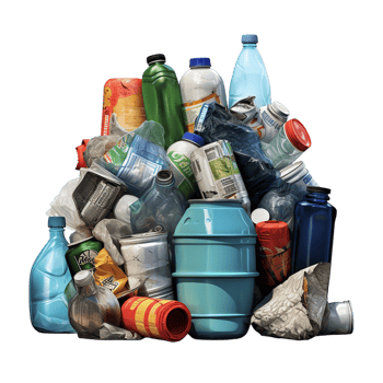 Pile of mixed plastic waste including bottles containers showing signs of pollution png