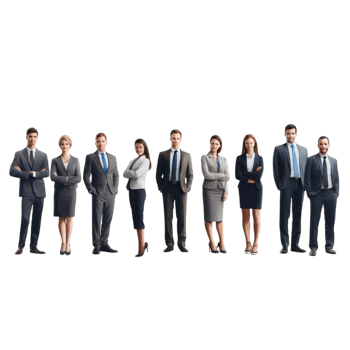 Line of corporate employees sting formally hs in pockets professional attire png