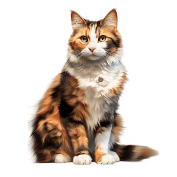 Fluffy calico cat sitting gracefully fur a bushy tail curious green eyes png