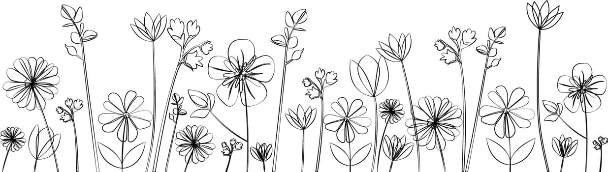 Hand-drawn isolated flower border, Black and white outline drawing, Botanical design, illustration, Simple flower outlines, Elegant decoration, Natural pattern for textiles vector