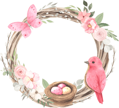 Watercolor easter frame with bird, eggs, flowers and decorative elements png