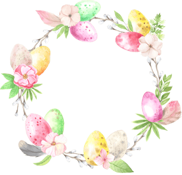 Watercolor easter wreath with eggs, flowers and decorative elements png