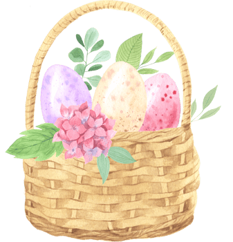 Watercolor easter basket with flowers and eggs png
