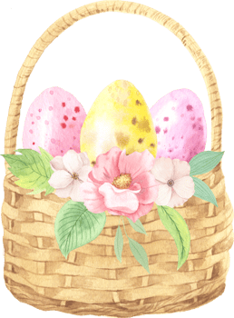 Watercolor easter basket with colorful eggs and flower png