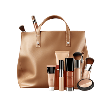 Luxury beige hbag an assortment of makeup products beside it png