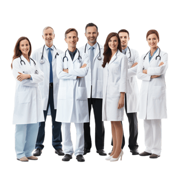 Group of doctors wearing white coats sting together confidently png