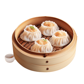 Bamboo steamer filled ly made dumplings dipping sauce png