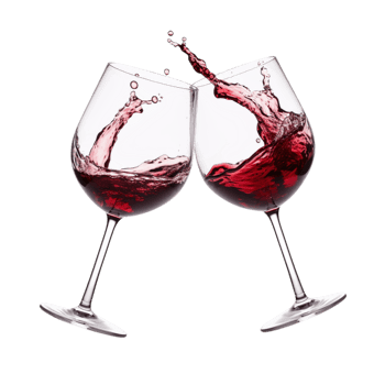 Two wine glasses clinking together red wine splashing inside png