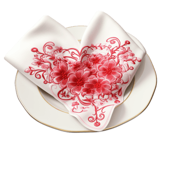 folded napkin red floral embroidery placed on a white plate png