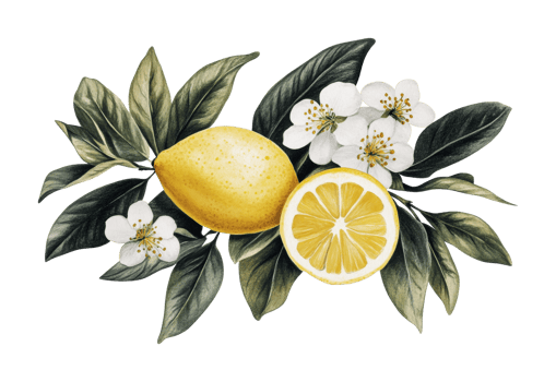 Fresh lemons with green leaves and white blossoms, cut out png