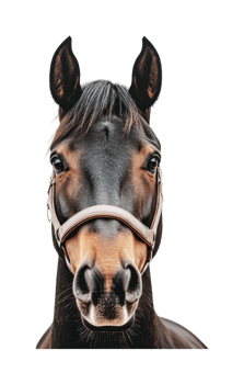 Close-up portrait of a dark bay horse with bridle against white background, cut out png