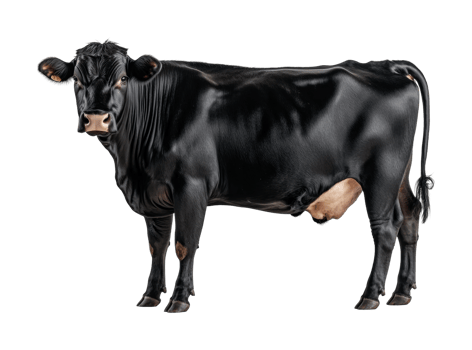 Black angus cow standing with glossy coat, cut out png