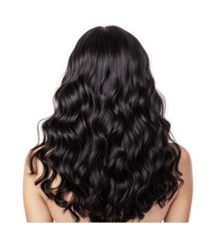 Asian female with long wavy hair viewed from behind, cut out png