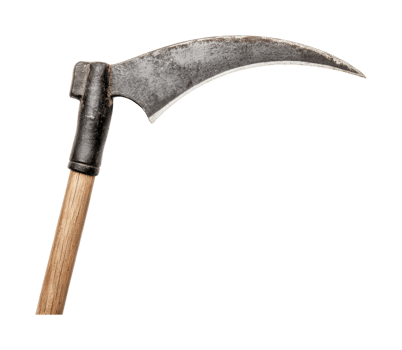 Antique scythe with wooden handle and curved metal blade, cut out png