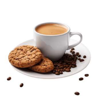 Hot coffee in a white cup cookies coffee beans png