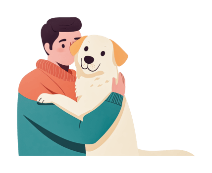 Young caucasian male hugging golden retriever in cozy sweater, cut out png