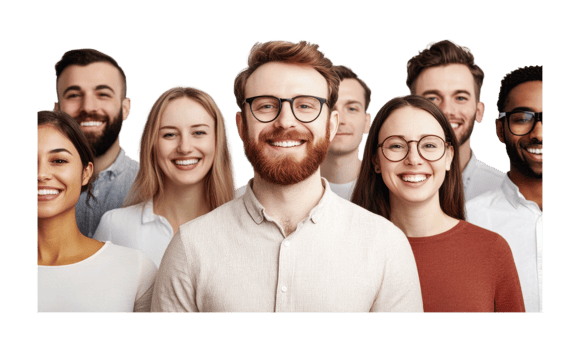 Diverse group of young adults smiling and standing together, cut out png
