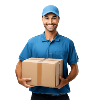 Friendly delivery man wearing a blue uniform holding a packageeses png