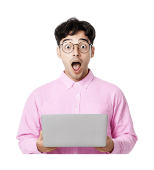 Young asian male surprised expression holding laptop in pink shirt, cut out png