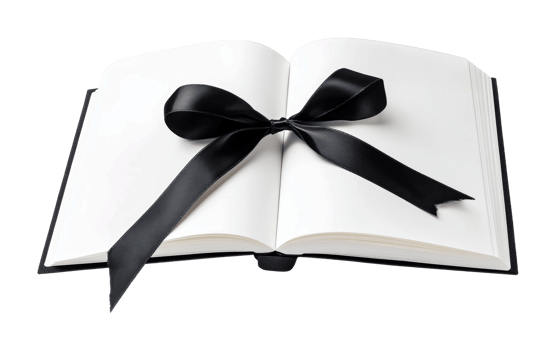 Open book with black ribbon bow on white pages, cut out png