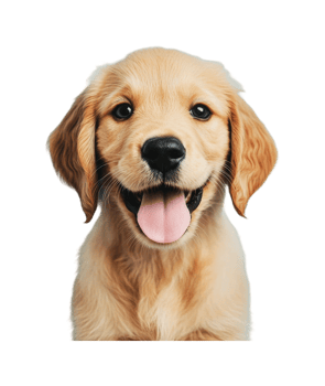 Adorable golden retriever puppy with tongue out and floppy ears, cut out png