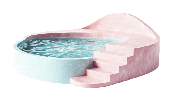 Modern abstract pink and blue pool design with curved staircase, cut out png