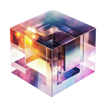 Colorful transparent cube with reflective geometric patterns and light effects, cut out png