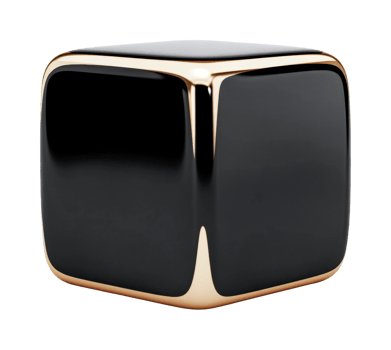Elegant black and gold cube with smooth reflective surface, cut out png